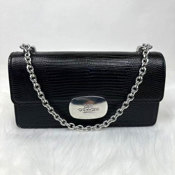 Coach Eliza Flap Crossbody Bag Lizard-embossed In Black Leather CR106 NWT $450 - Picture 1 of 11